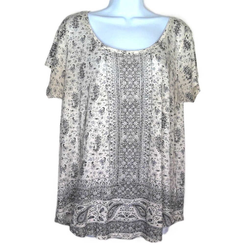 Guess Los Angeles Paisley Top Scoop Short Sleeve Pullover Gray & Cream EUC XL